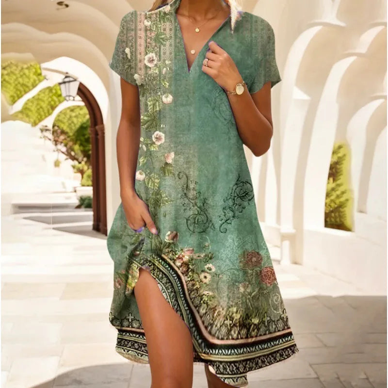 Robe chic à motifs floraux, col V et boutonnée, parfaite pour les journées ensoleillées et légères.
