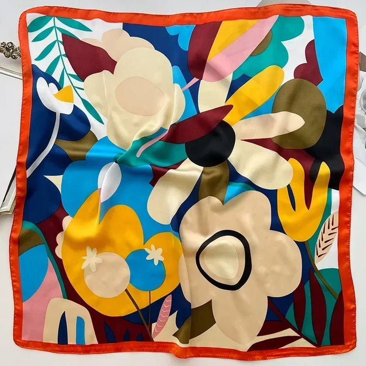 Foulard élégant en satin pour femme, avec motifs imprimés pour cheveux ou sac.
