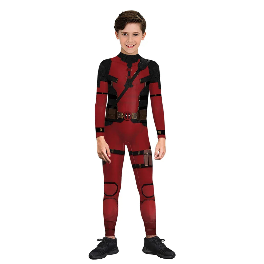 Combinaison de cosplay super-héros enfant, extensible et confortable. Déguisement Deadpool ou Wolverine pour toute occasion.