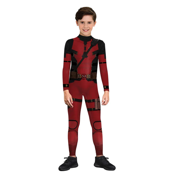Combinaison de cosplay super-héros enfant, extensible et confortable. Déguisement Deadpool ou Wolverine pour toute occasion.