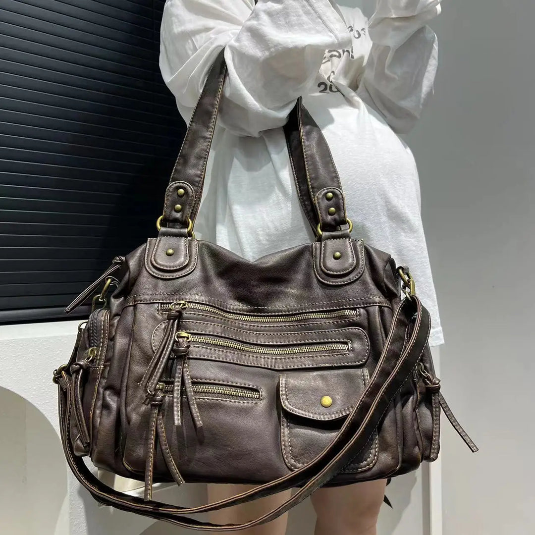 Grand sac cabas marron élégant en cuir PU pour femme, idéal pour le travail ou le quotidien. Sac épaule/bandoulière chic.