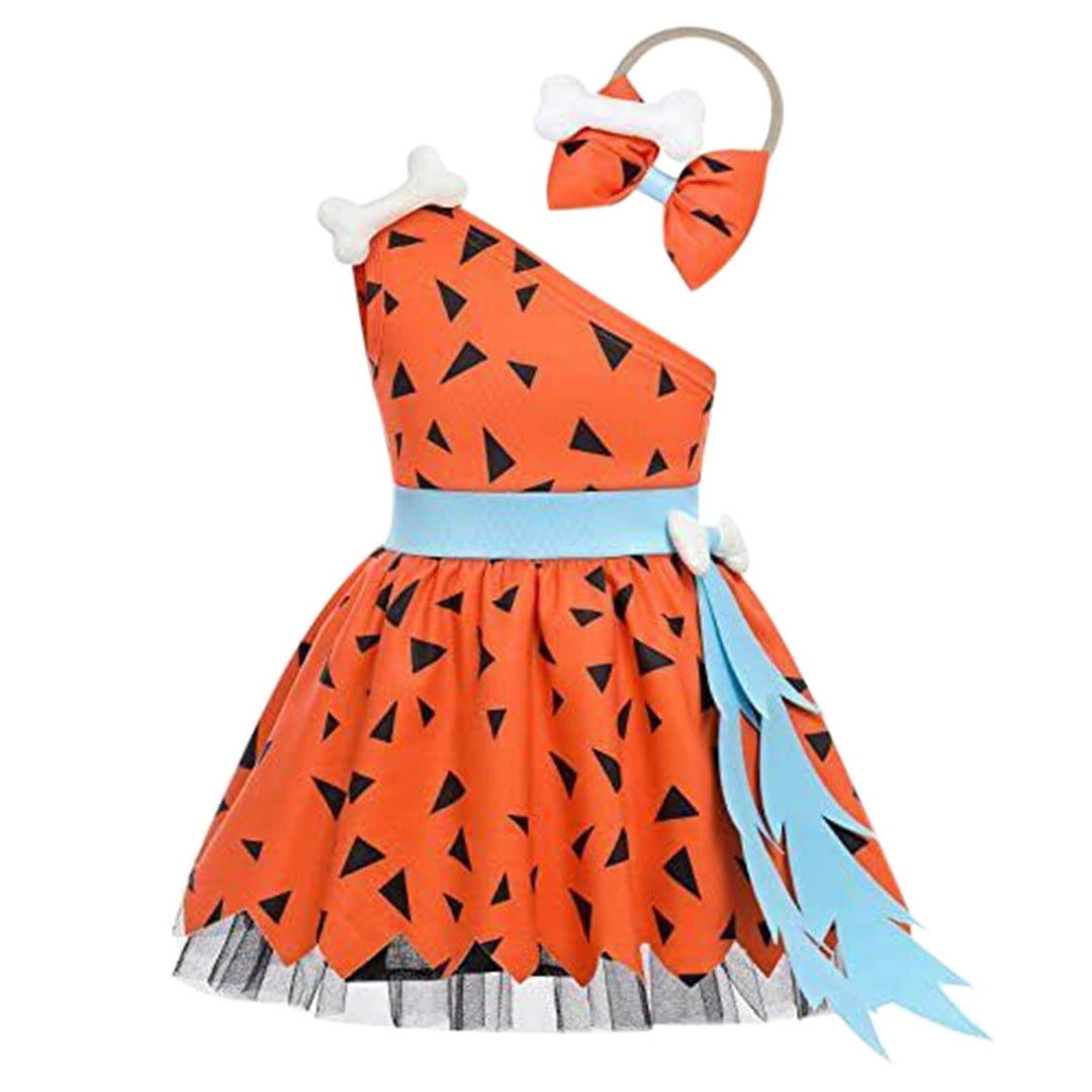 Déguisement Pierrafeu bébé fille. Robe vert vif et orange avec os. Parfait pour fête d'enfant ou carnaval à thème.