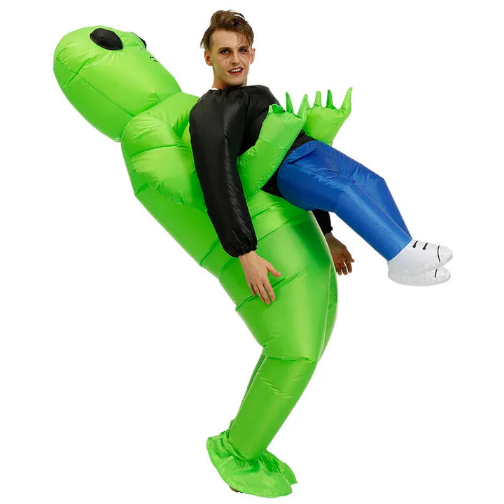 Déguisement d'extraterrestre vert gonflable, idéal pour cosplay, carnaval ou soirée déguisée.