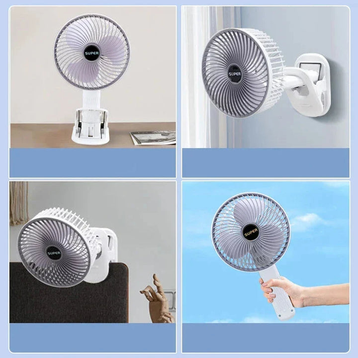 Ventilateur portable rechargeable et compact, avec options de bureau, mural ou sur table. Idéal pour l'été.