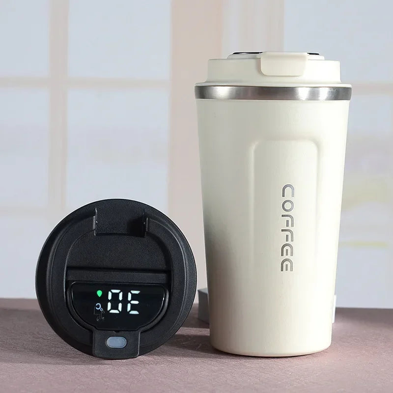 Tasse intelligente en acier inoxydable avec écran de température, parfaite pour café, thé ou eau.