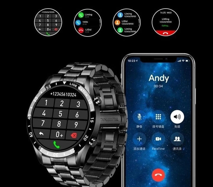 Cadran numérique de la smartwatch 4G affichant l'heure, la date et la météo, interface utilisateur intuitive.