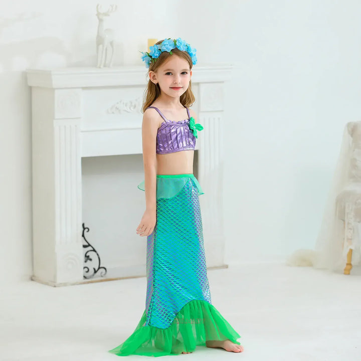 Costume de sirène en polyester pour fille, avec jupe longue queue de poisson. Parfait pour les fêtes et le carnaval.
