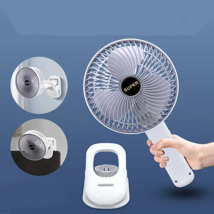 Ventilateur mural ou de bureau silencieux et rechargeable, parfait pour un refroidissement discret en été.