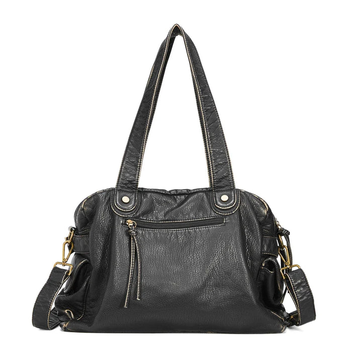Sac en cuir synthétique noir pour cours, porté épaule ou croisé. Style rétro et élégant.