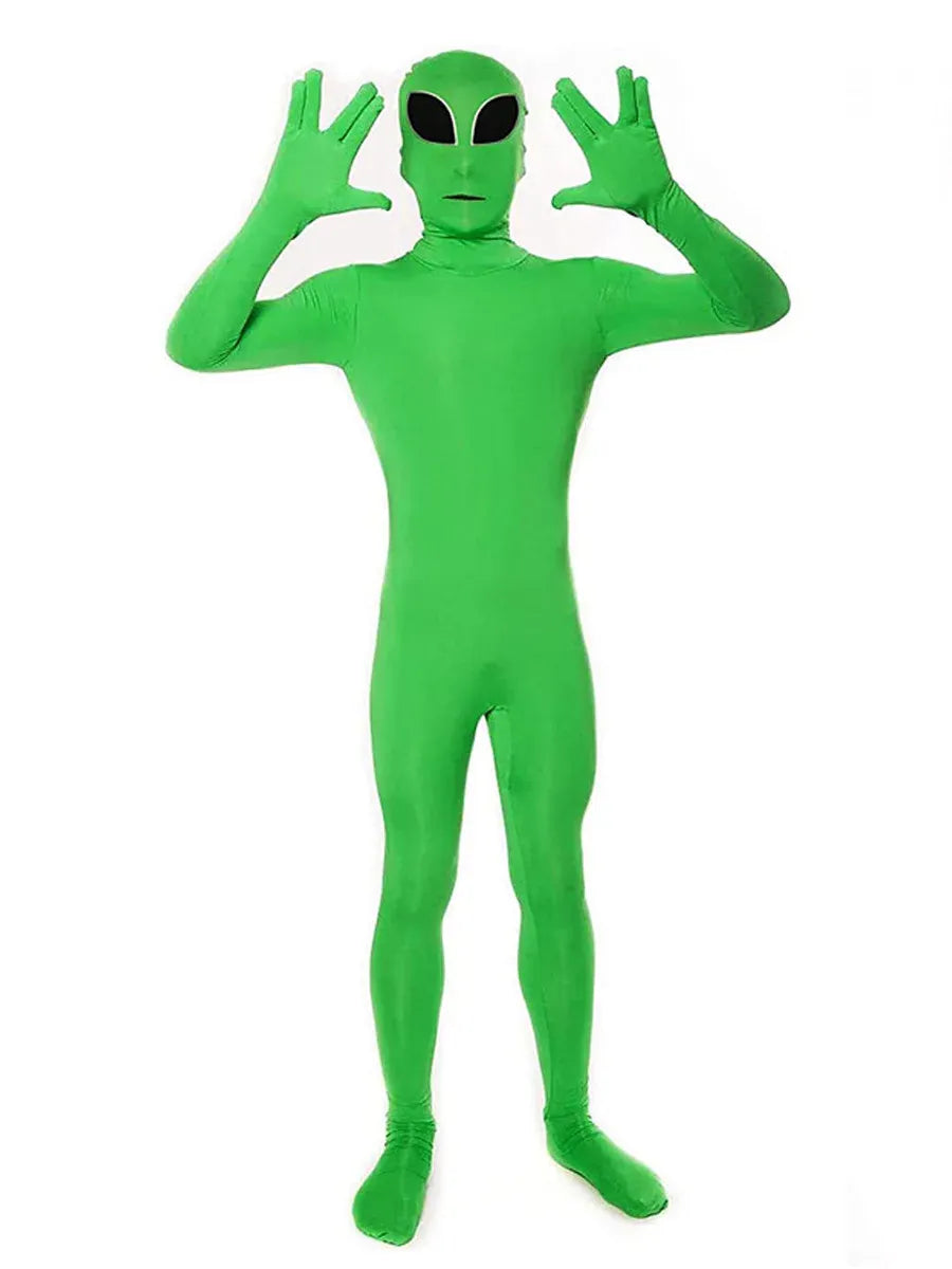 Zentaï alien vert vif et intégral, costume unisexe polyvalent pour défilés, cosplay ou soirées à thème.