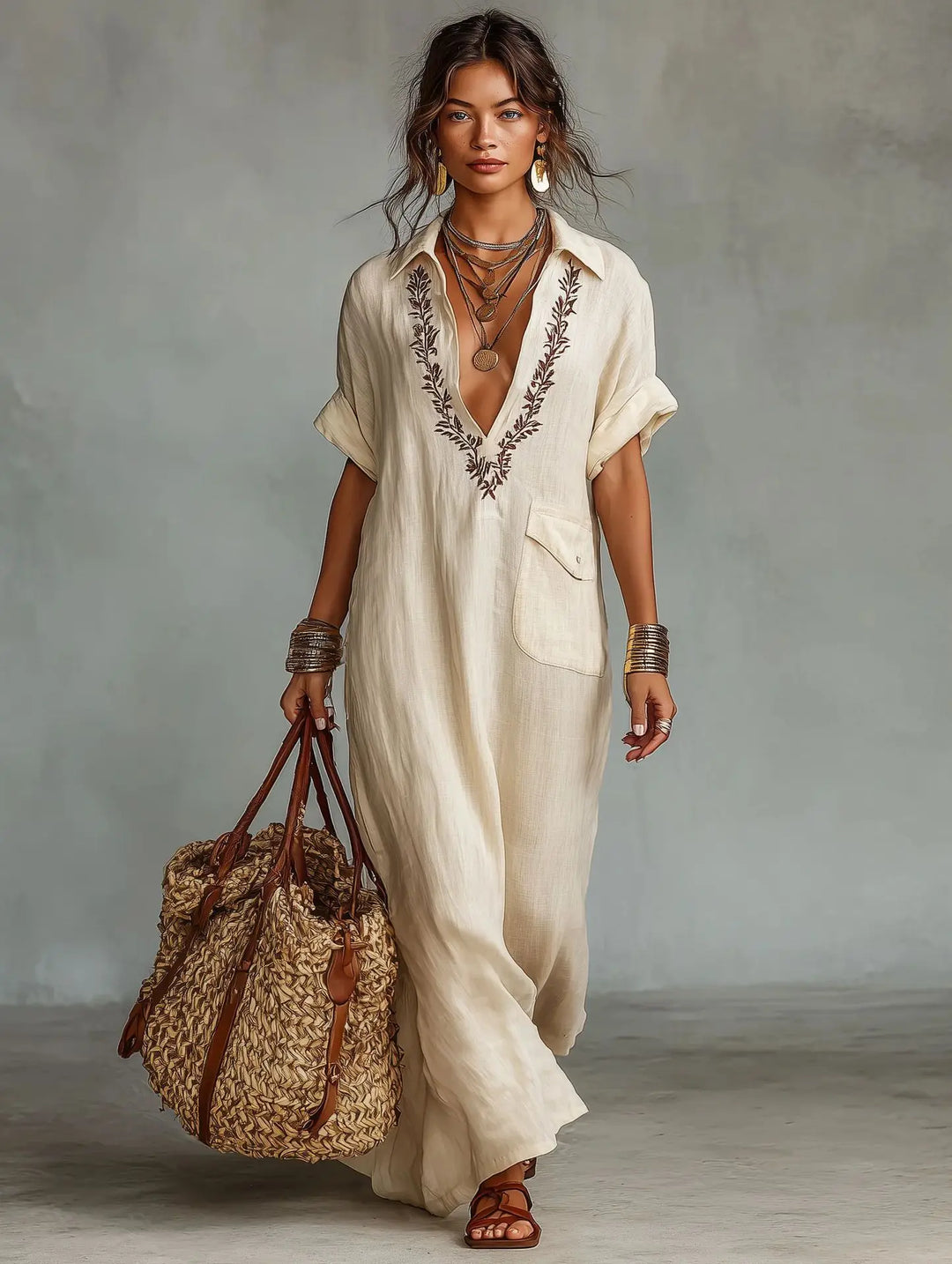 Robe kaftan femme décontractée, style bohème fluide. Col V brodé, parfaite pour la plage ou les vacances.