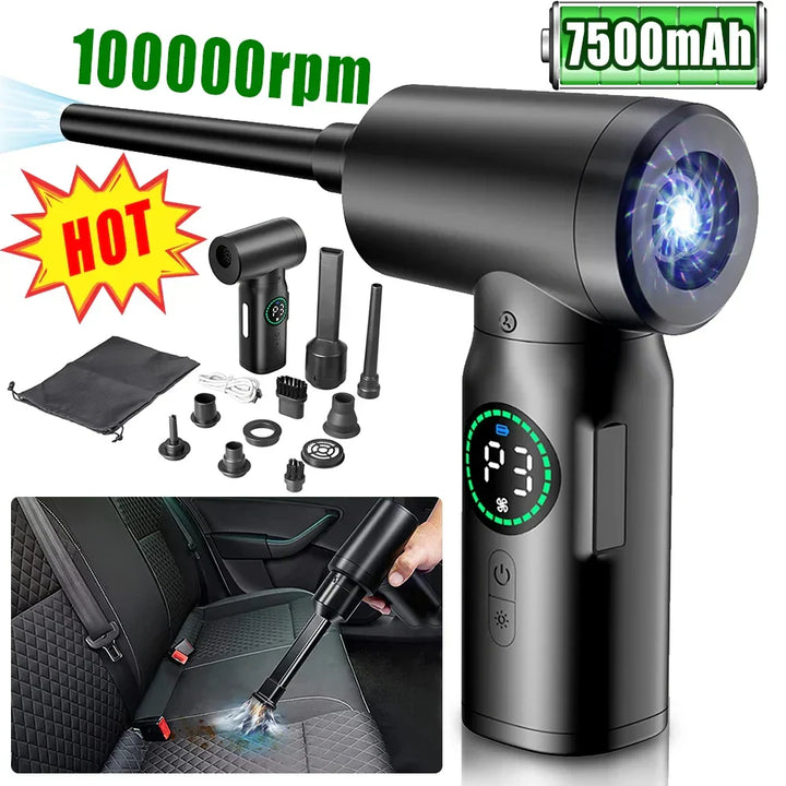 Aspirateur souffleur portable sans fil avec LED, parfait pour nettoyer espaces restreints et voiture.