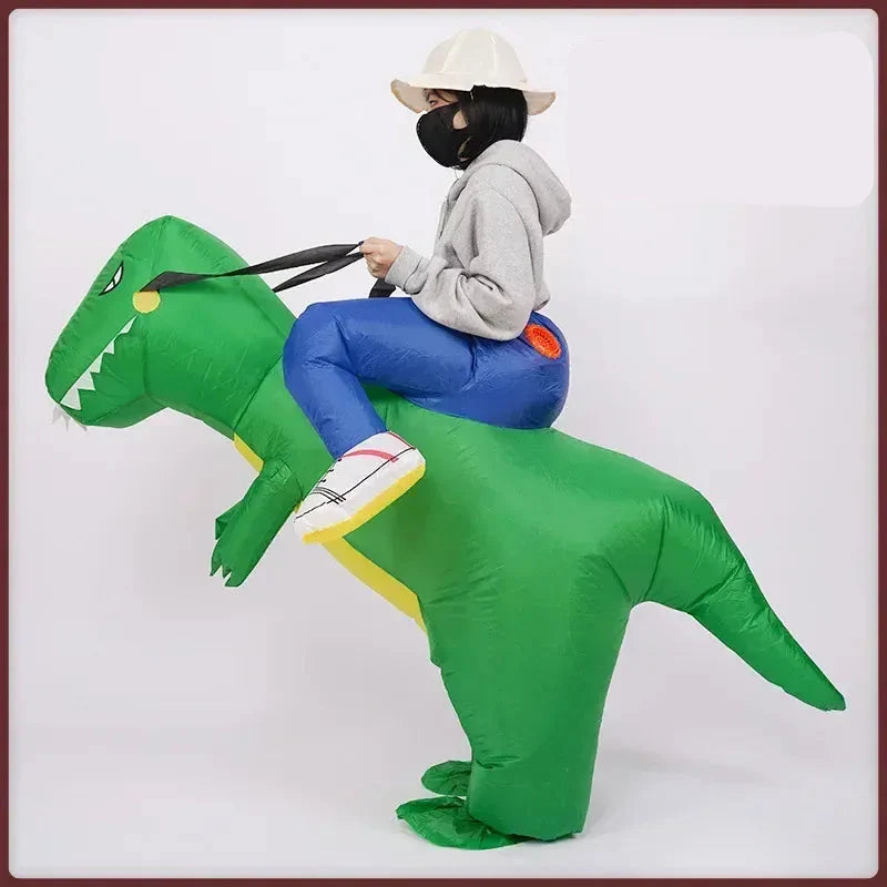 Déguisement dinosaure gonflable vert vibrant, idéal pour se déguiser et s'amuser en fête.