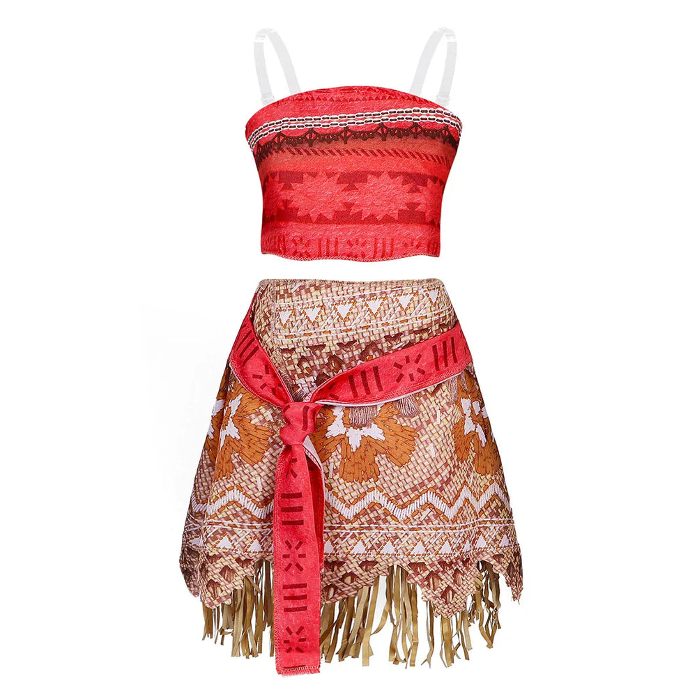 Costume Vaiana 2 pièces pour fille, haut et jupe avec motifs polynésiens, idéal pour jeu ou anniversaire.