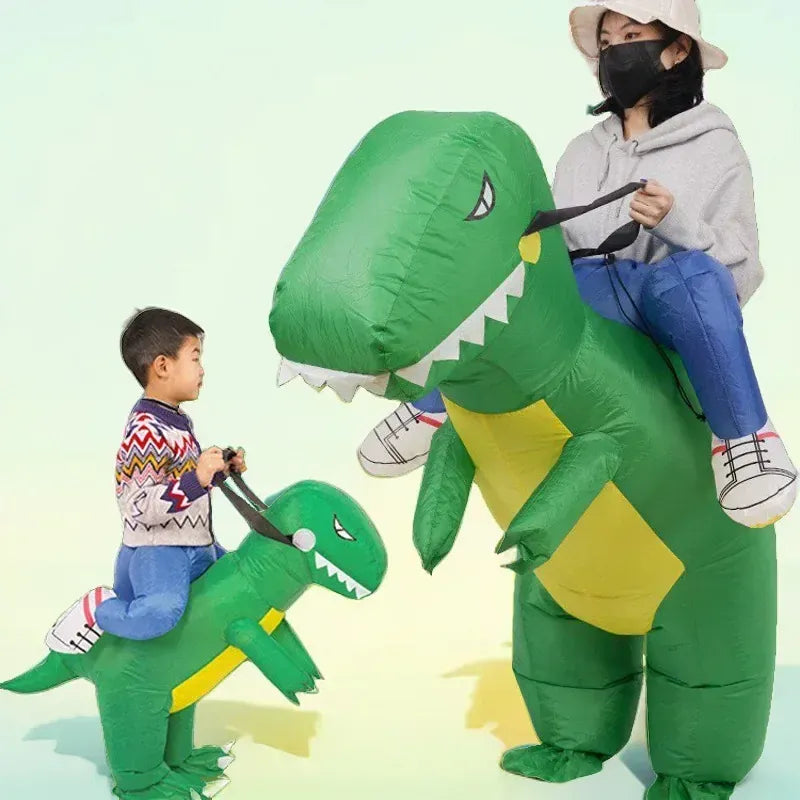 Déguisement dinosaure gonflable T-Rex ludique pour enfant et adulte, idéal fête ou carnaval.