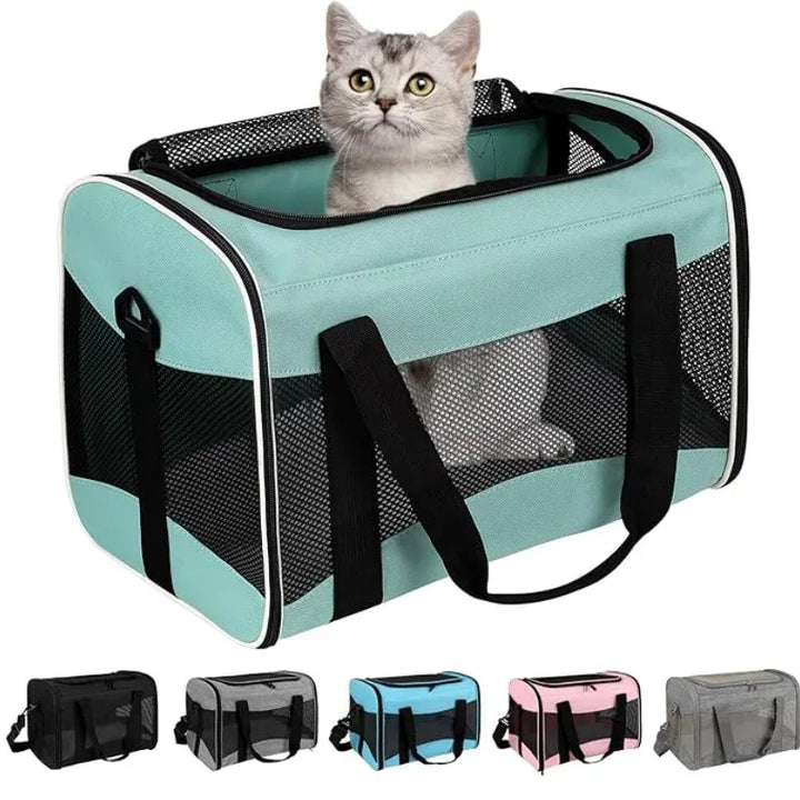 Sac de transport pliable gris pour chat et petit chien, idéal voyage sécurisé et confortable.