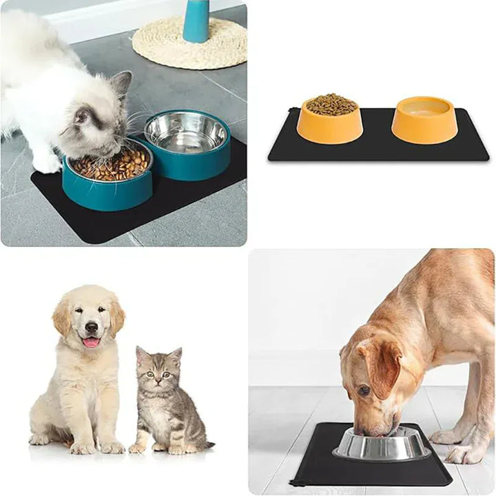Tapis repas silicone antidérapant avec deux gamelles, solution propre pour les repas de chiens et chats.