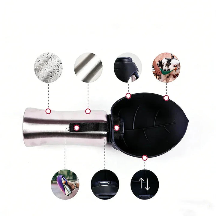 Gourde portable pour chien, légère, avec bol d'eau intégré, parfaite pour le voyage et l'aventure de votre animal.