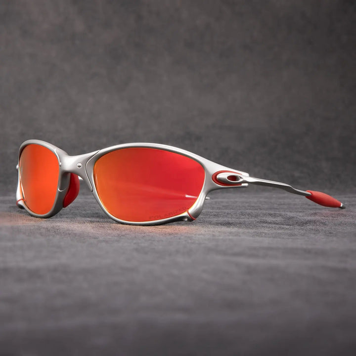 Lunettes de soleil polarisées sportives unisexes avec monture métallique et verres miroir rouges, protection UV400.