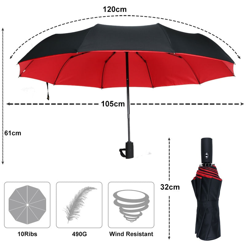 Parapluie automatique compact et robuste, idéal pour le voyage et la pluie forte.