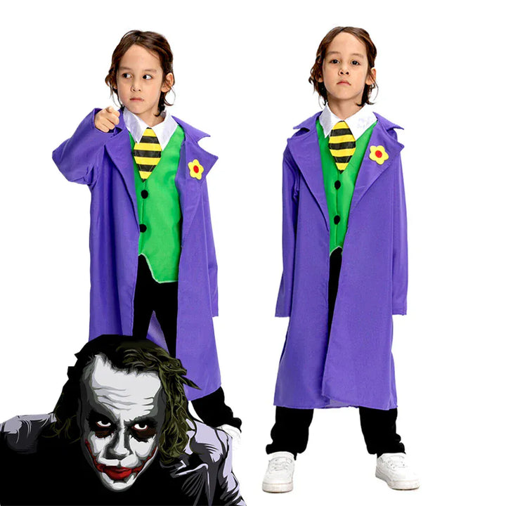 Déguisement enfant Joker pour Halloween, avec veste violette iconique et costume de super-vilain.
