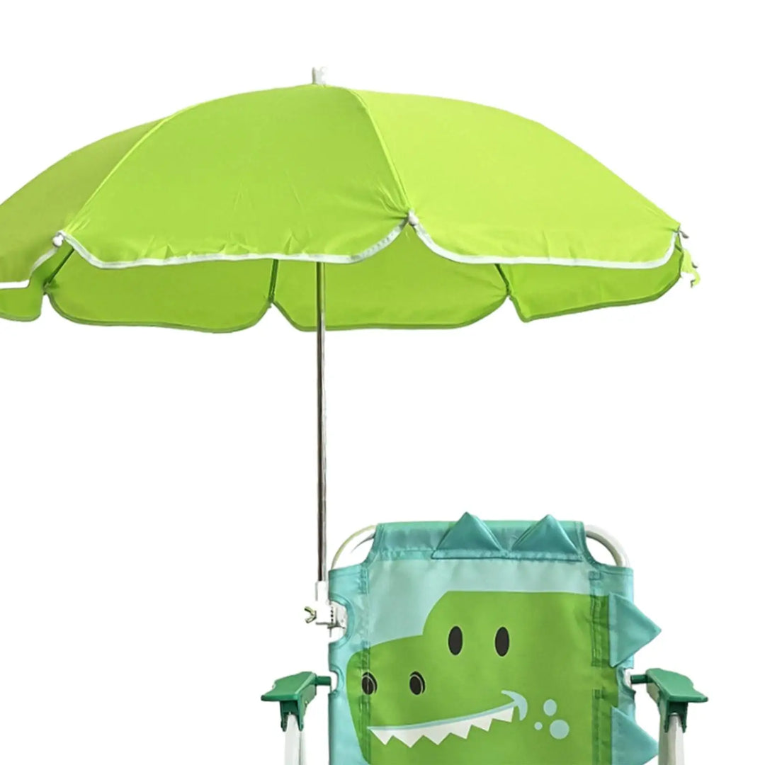 Siège enfant d'extérieur vert et jaune, pliable avec auvent, parfait pour la plage et le jardin.