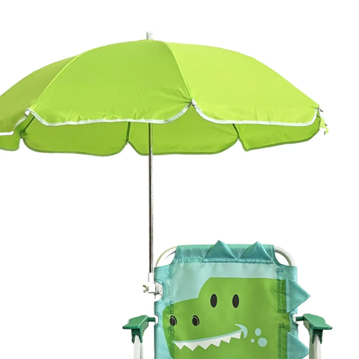 Siège enfant d'extérieur vert et jaune, pliable avec auvent, parfait pour la plage et le jardin.