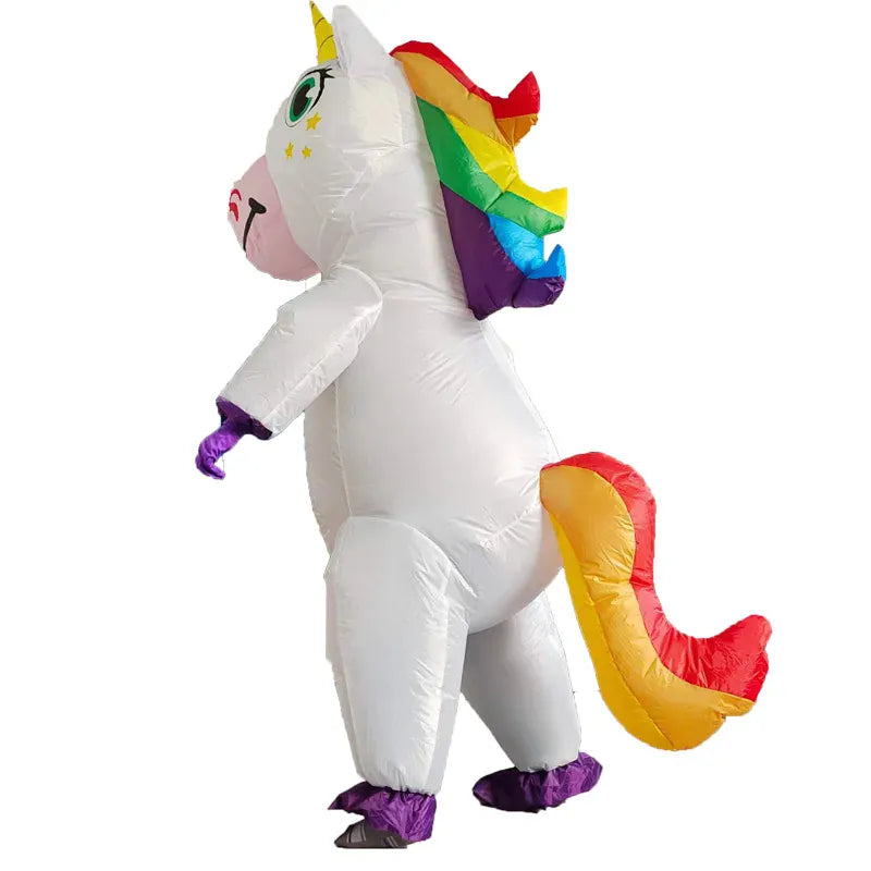 Costume de licorne gonflable unisexe original et amusant. Idéal pour soirées déguisées, humour et fantaisie.