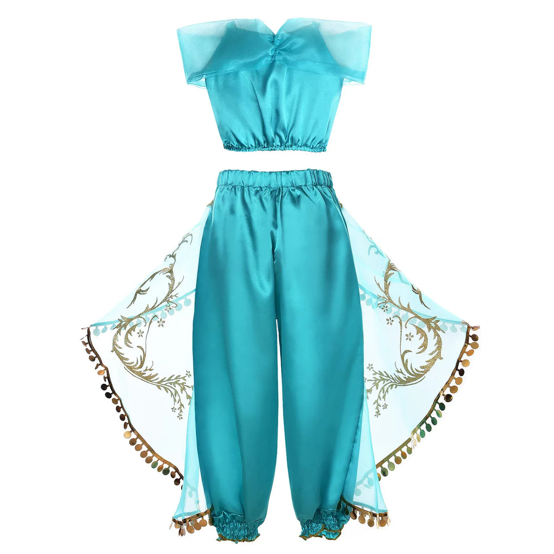 Top détaillé du déguisement Princesse Jasmine enfant. Tunique bleue scintillante avec broderies dorées et pierres fantaisie orientales.