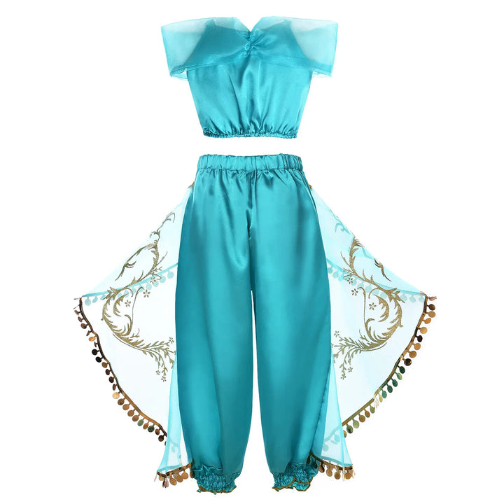Top détaillé du déguisement Princesse Jasmine enfant. Tunique bleue scintillante avec broderies dorées et pierres fantaisie orientales.