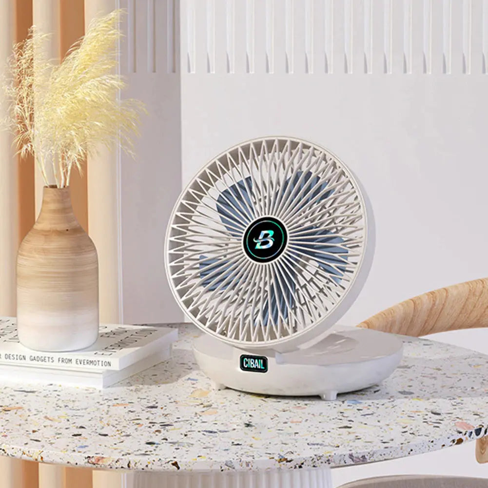 Ventilateur pliable rechargeable 2-en-1 pour bureau et mural. Portable et sans fil, idéal pour l'été.