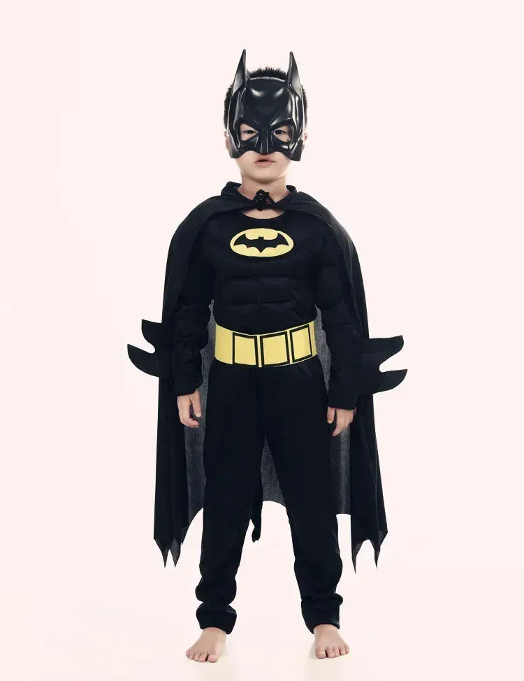Costume Batman unisexe pour enfants: combinaison avec logo, cape amovible et masque. Parfait pour les fêtes et le carnaval.