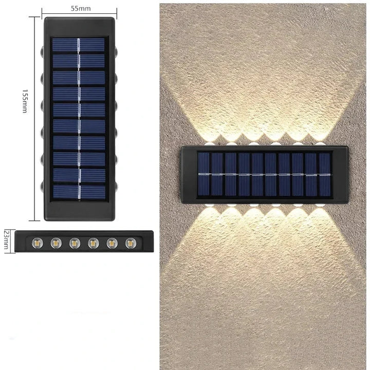 Applique murale solaire LED étanche, moderne et bidirectionnelle, assurant un éclairage autonome et efficace du jardin.