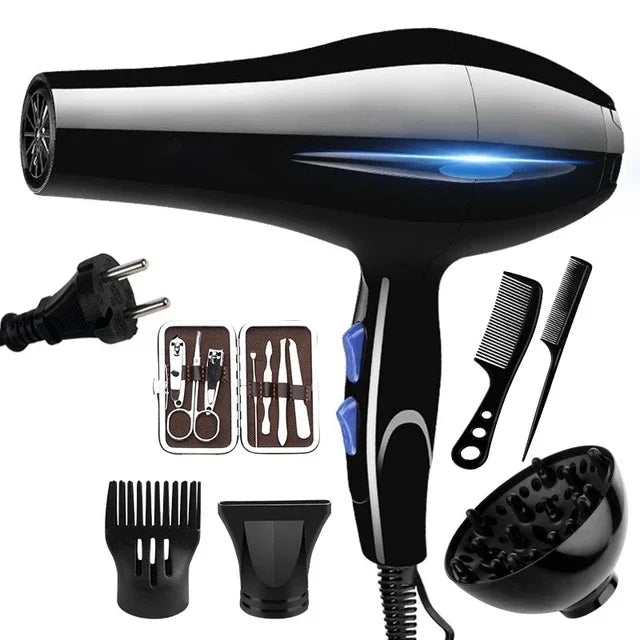Sèche-cheveux professionnel 2200W, puissant moteur, différentes vitesses et températures pour tout type de cheveux.