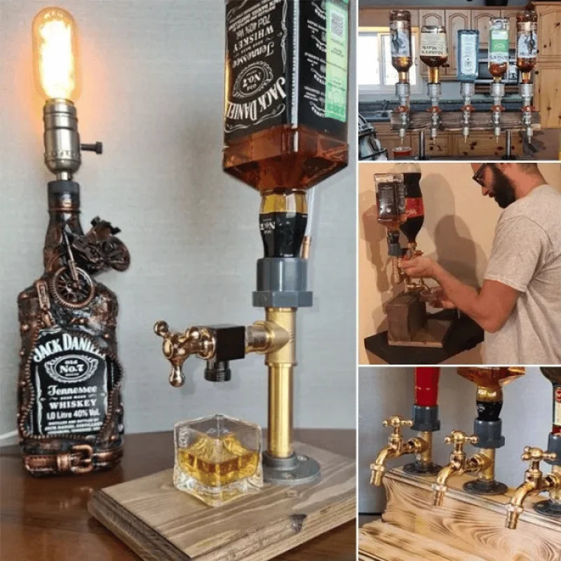 Distributeur de boissons en bois fonctionnel, parfait comme accessoire de bar ou décoration de table.