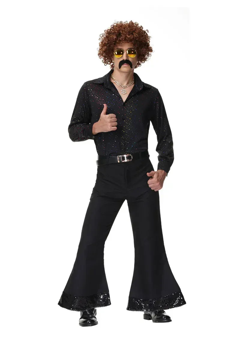 Déguisement disco rétro complet des années 70 pour homme et femme, style pailleté vibrant.