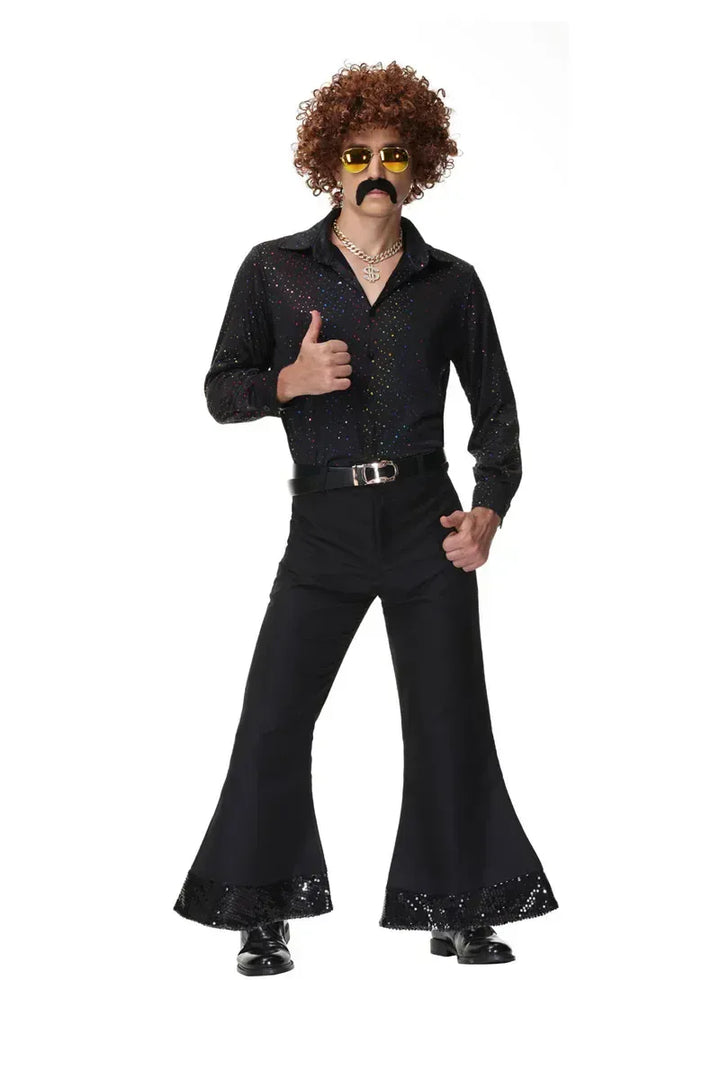 Déguisement disco rétro complet des années 70 pour homme et femme, style pailleté vibrant.