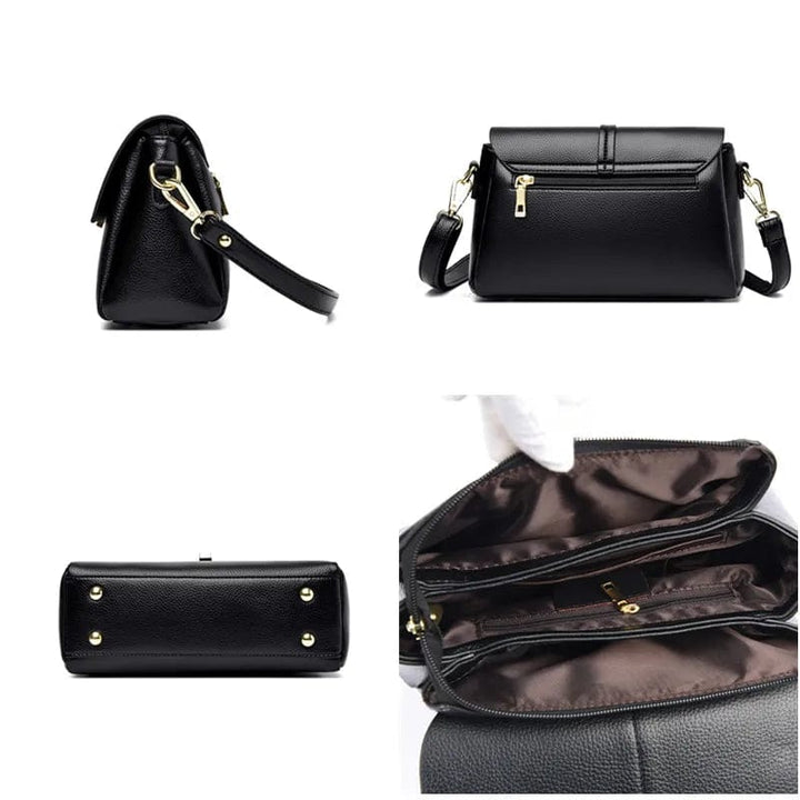 Dos du sac besace femme noir en cuir PU, finitions soignées. Sac à main élégant pour un usage quotidien.