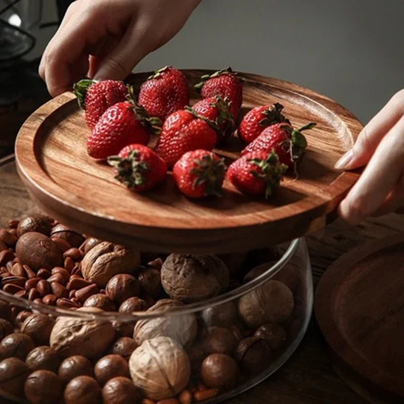 Bol verre AcaciaCharm avec couvercle bois naturel pour collation, bonbons, fruits secs. Décoration élégante.