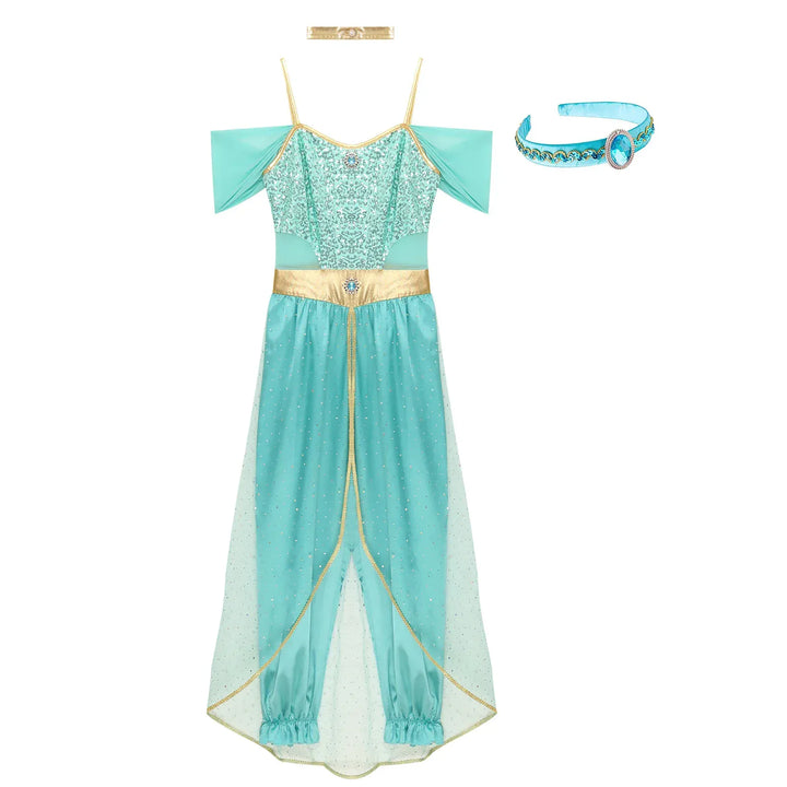 Déguisement oriental femme élégant, inspiré de Jasmine, avec top court et pantalon bouffant. Pour fête déguisée.