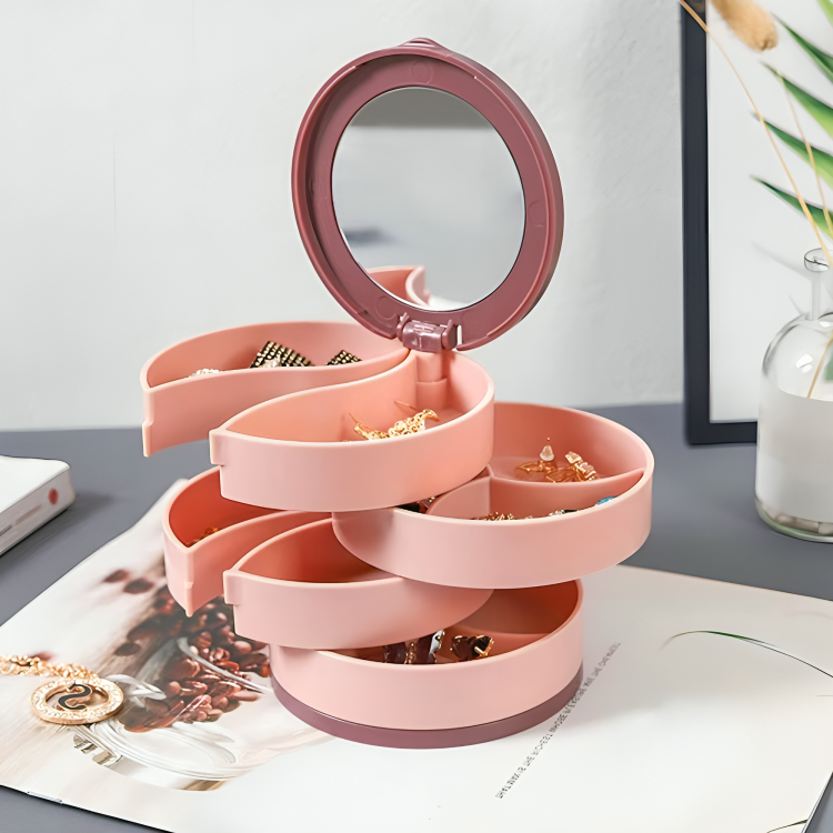 Organisateur de coiffeuse rotatif noir pour bijoux, solution compacte et élégante pour ranger vos accessoires femme.