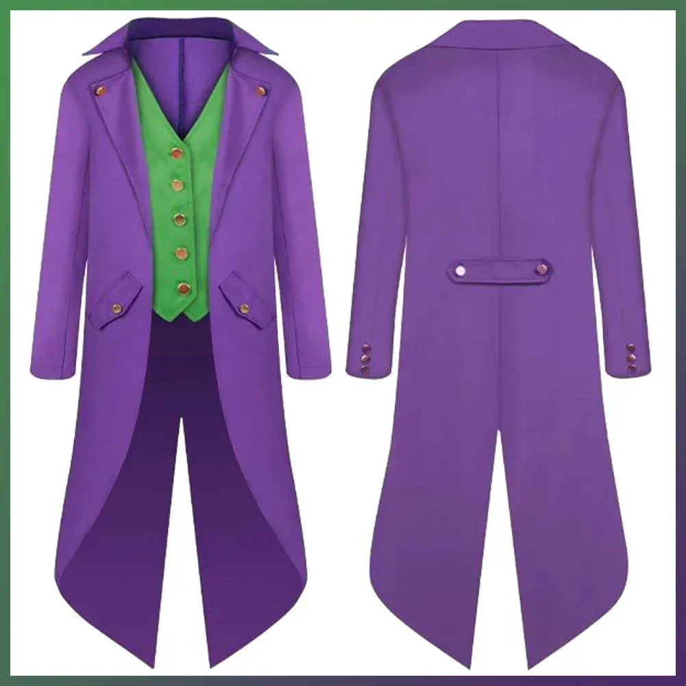Déguisement Joker unisexe avec veste tuxedo violette spectaculaire, idéal pour Halloween ou cosplay.