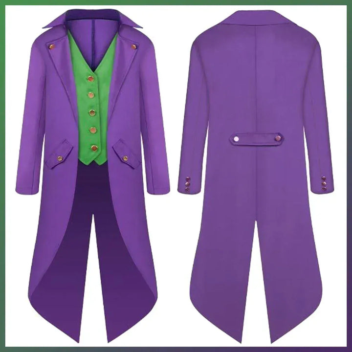 Déguisement Joker unisexe avec veste tuxedo violette spectaculaire, idéal pour Halloween ou cosplay.