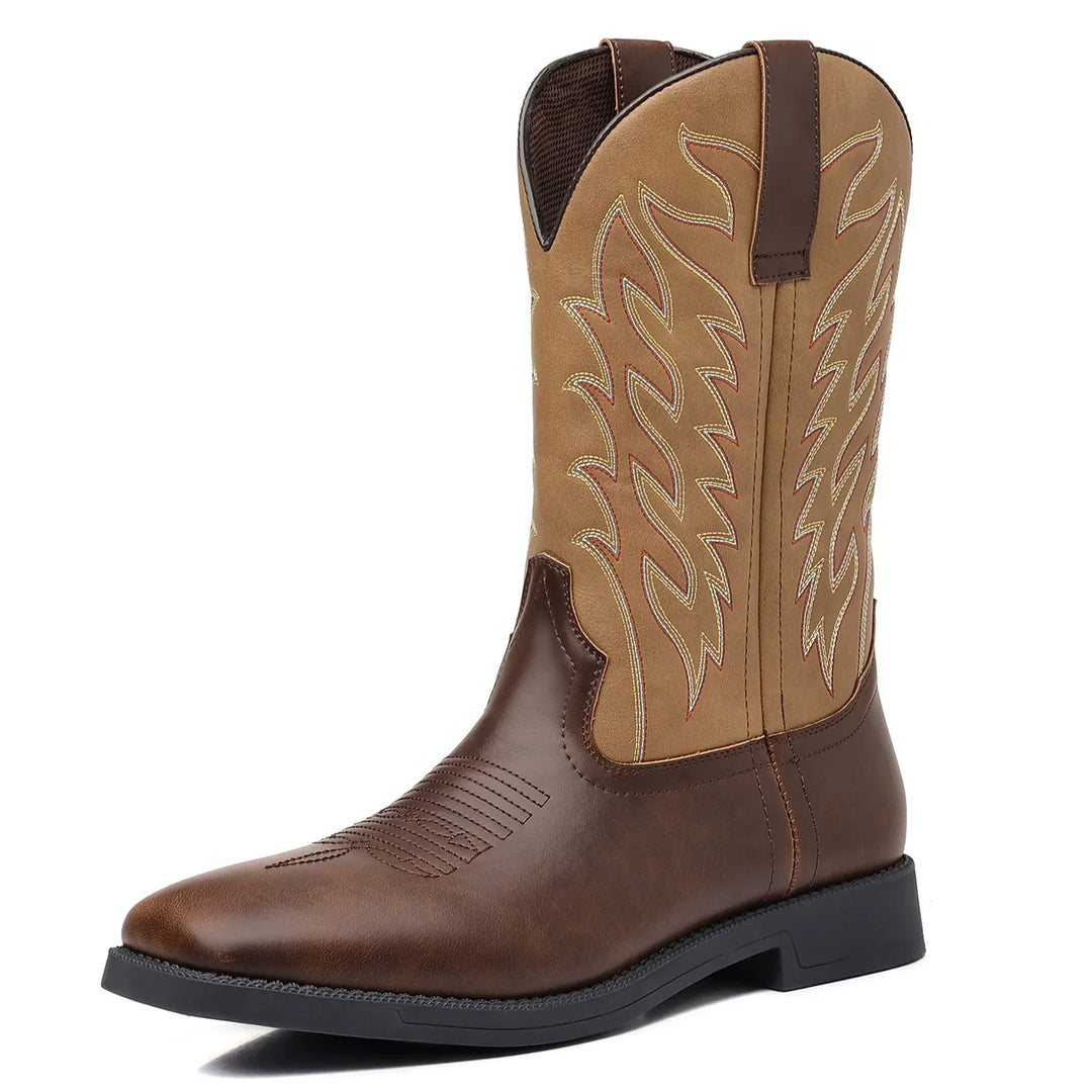 Chaussures homme: Bottes Western mi-mollet style cowboy avec broderies. Parfaites pour un look vintage automne-hiver.