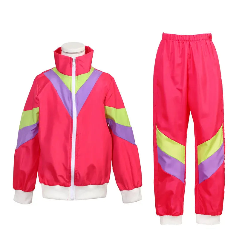 Costume enfant unisexe années 80 style hip-hop, idéal pour fête et danse. Polyester rose et bleu.