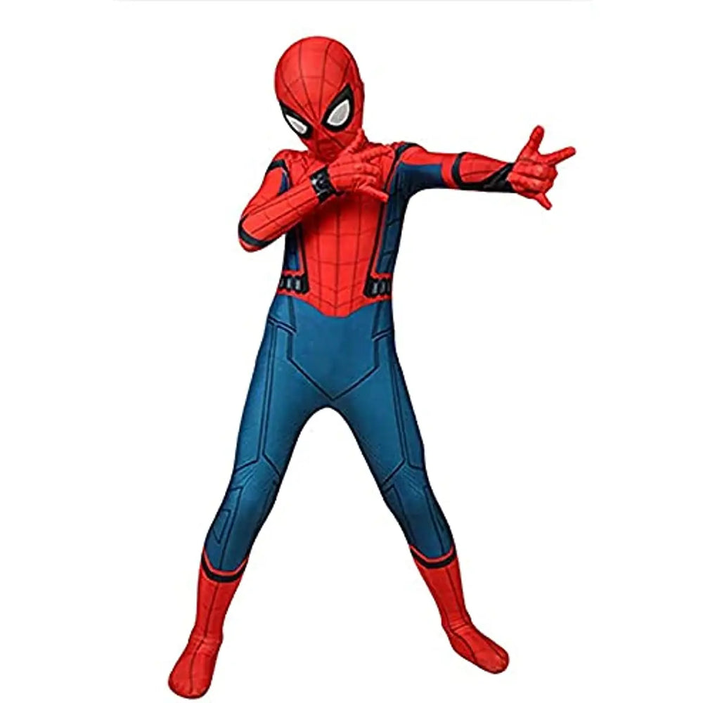Enfant souriant portant le costume complet de Spider-Man, idéal pour Halloween ou une fête déguisée.
