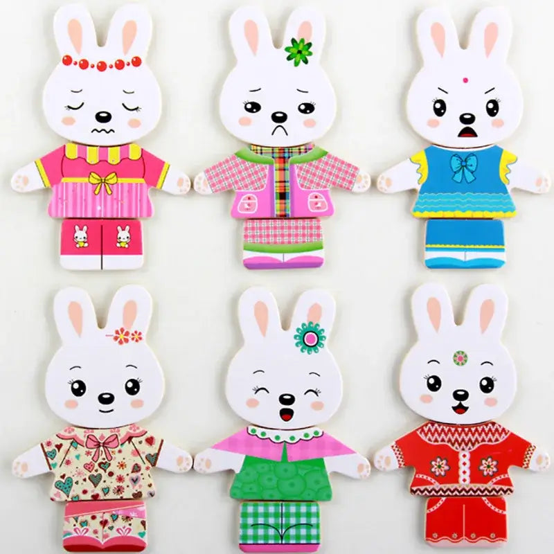 Lapin en bois: Puzzle éducatif. Jeu d'assemblage pour enfant, apprend en s'amusant.