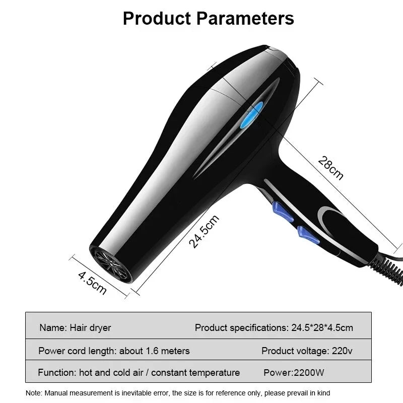 Vue détaillée du sèche-cheveux 2200W, design ergonomique noir, pour une utilisation confortable.