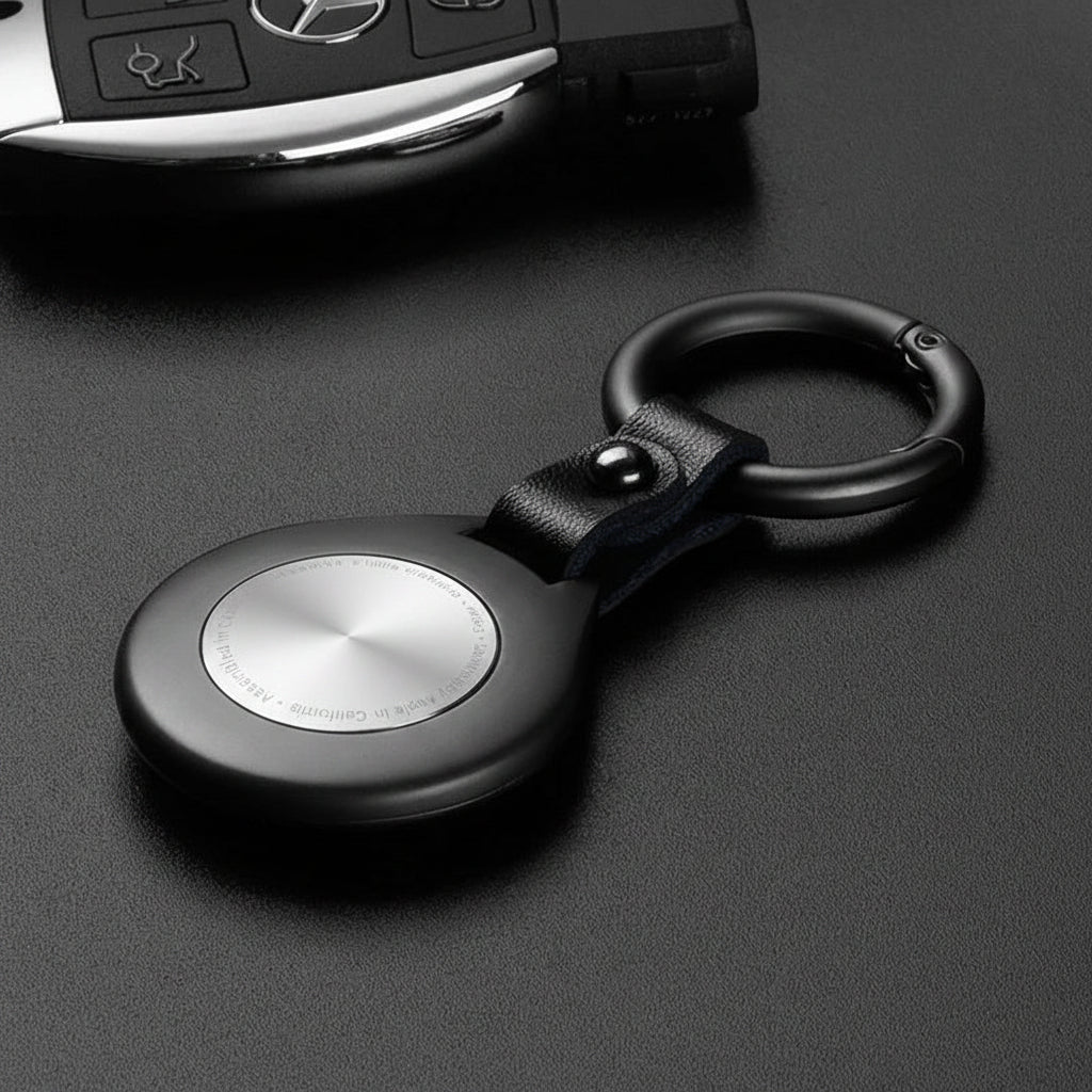 Idée cadeau: étui AirTag luxe en cuir et métal argenté pour un style raffiné.