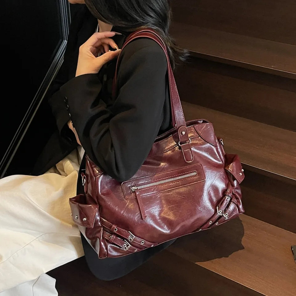 Sac à main femme tendance, grand format pour cours, lycéenne, en cuir PU vintage.